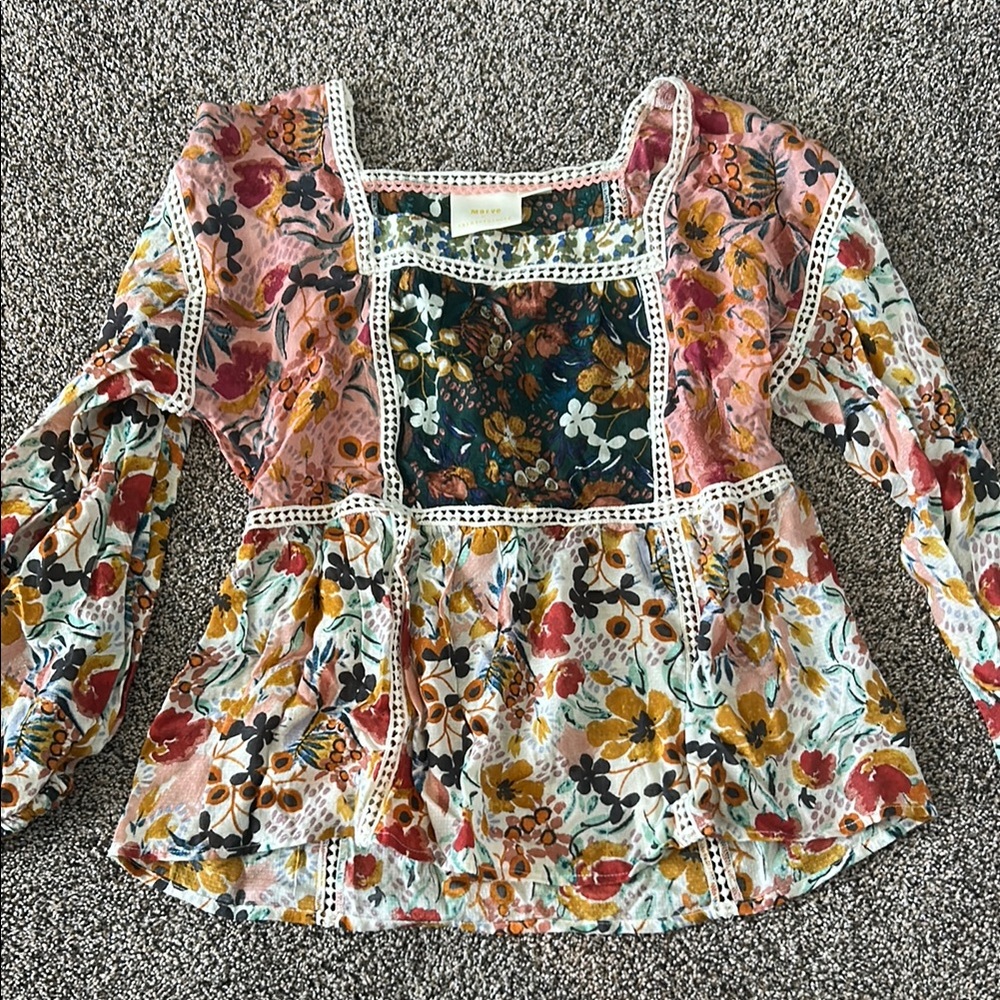 Anthropologie Ruffled Peplum Blouse in Pink and Yellow